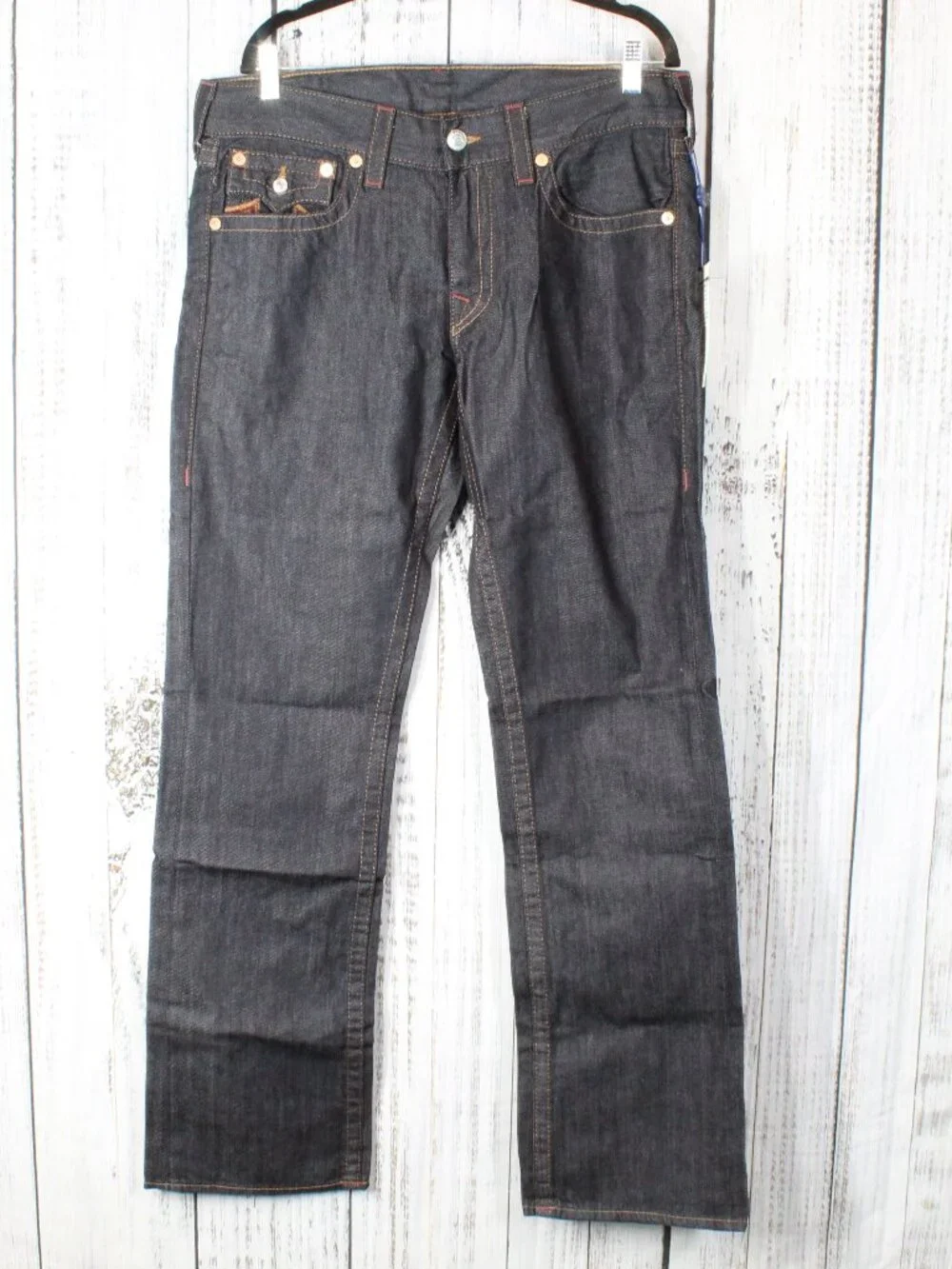 NWT True Religion Straight Leg Flap Jeans Sunset Logo Orange Red Stitch Size 33